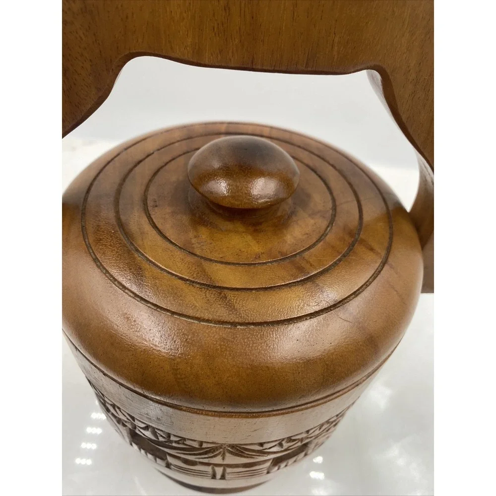 Vintage Ice Bucket Teak Wood Hand Carved VILLAGE Made in Philippines HANDLE
